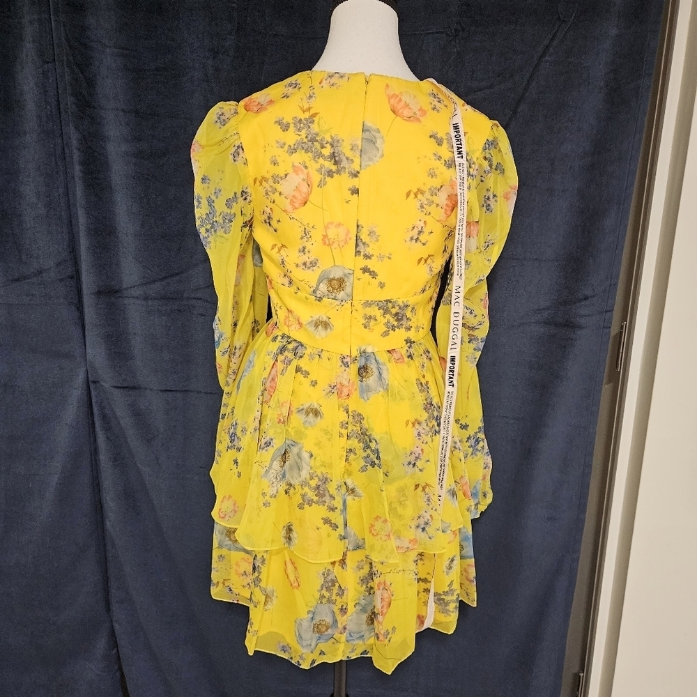 NWT Mac Duggal Yellow Chiffon Ruffled Tiered Long Sleeve Dress Sz 2 - Picture 12 of 15